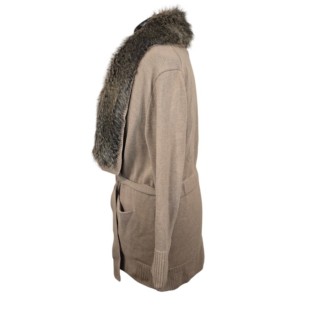 Women's Banana Republic Tan Belted Sweater Cardigan Faux Fur Trim | Size Small - Picture 2 of 7